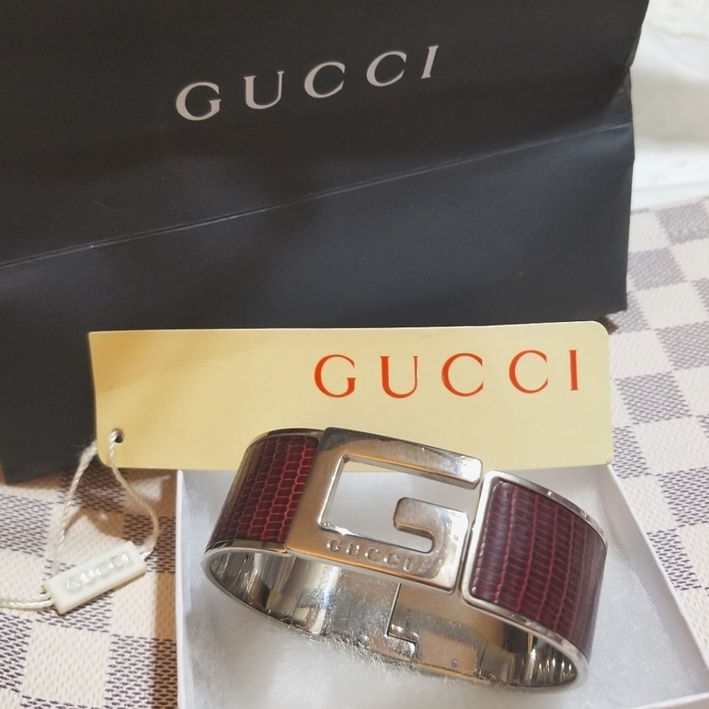 GUCCI Logo Alligator Leather Silver Clamper Bangle Bracelet - Picture 2 of 8